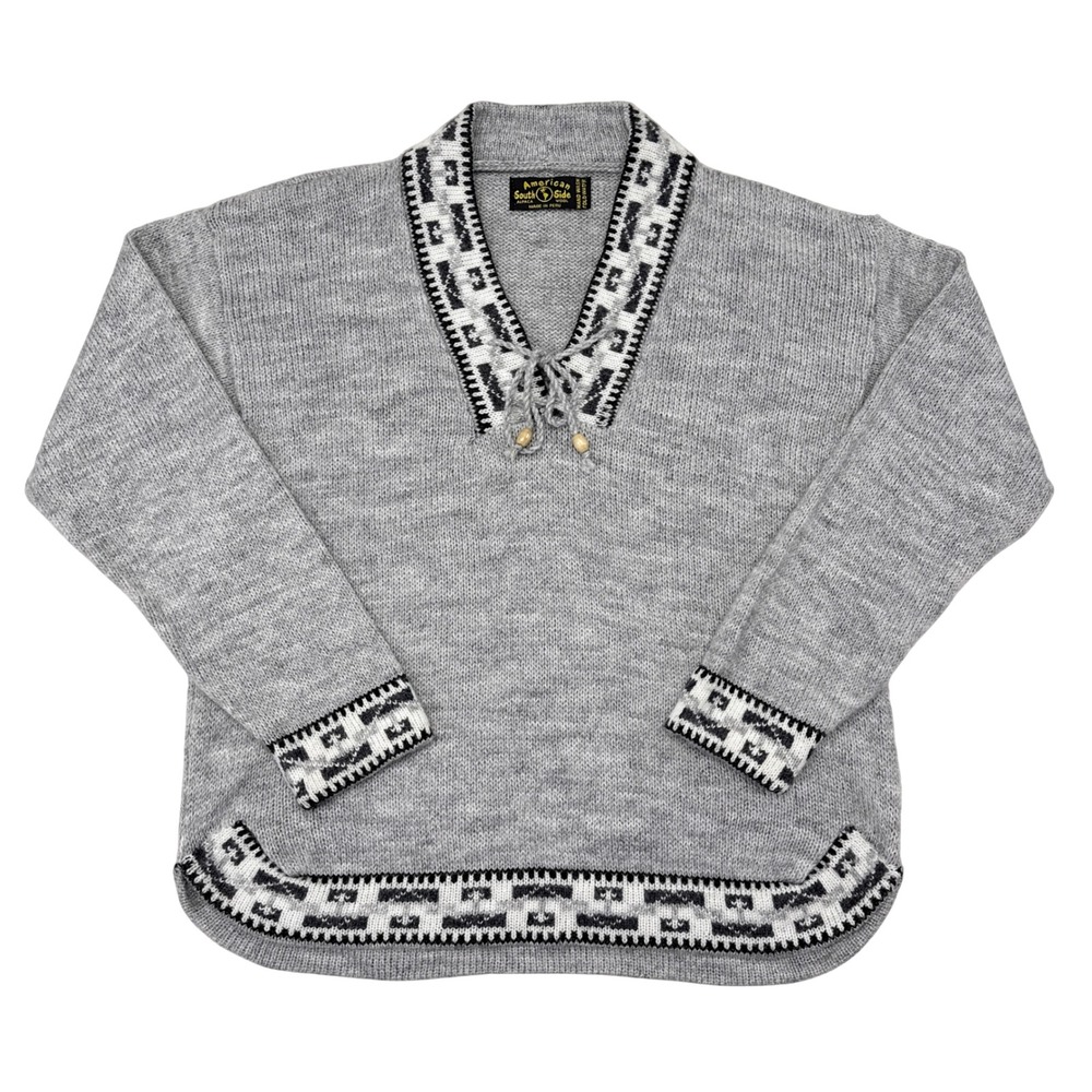 South American Side Sweater Womens Size Small Gray Alpaca Wool Peru V Neck